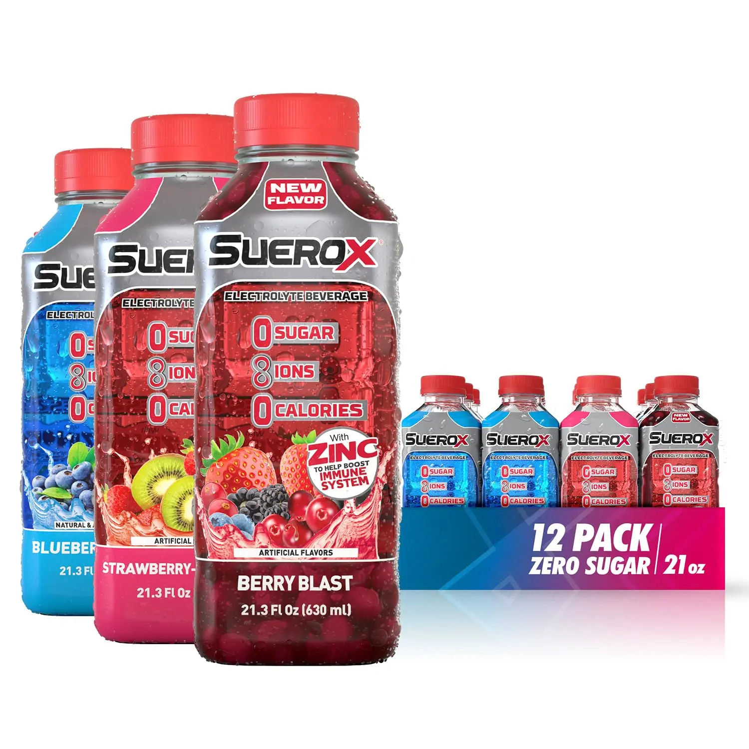 SueroX Zero Sugar Electrolyte Drink Berry Blend Pack, 12 Pack: Berry Blast, Blueberry Reboot, Strawberry-Kiwi. Sugar-Free Hydration & Recovery with 8 Ions & Electrolytes. Zero Calorie Sports Drink,  21.3 Fl Oz