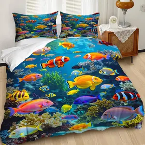 2/3pcs Colorful Underwater World Duvet Cover Set, Bedroom Bedding Set, Clownfish, Angelfish, Coral, Seaweed, Refreshing, Calming, Creates Marine Comfort Cozy Ambiance, Includes 1 or 2 Pillowcases-Fillers Not Included/Zipper Closure