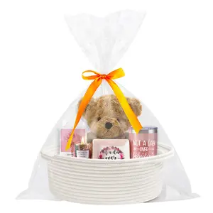 Small Woven Basket with Gift Bag and Ribbon – Empty Burr Basket for Gifts, Baby Shower, & Birthdays – Decorative Rope Storage Organizer for Shelves, 12"x8"x5",Mother's Day gift