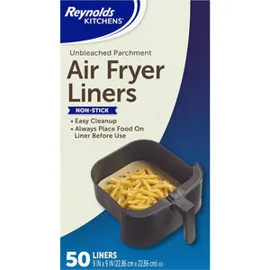 Reynolds Kitchens Air Fryer Liners Disposable Unbleached Parchment Paper Sheets 50 Count 9 Inch x 9 Inch Non Stick Up to 400 Degrees