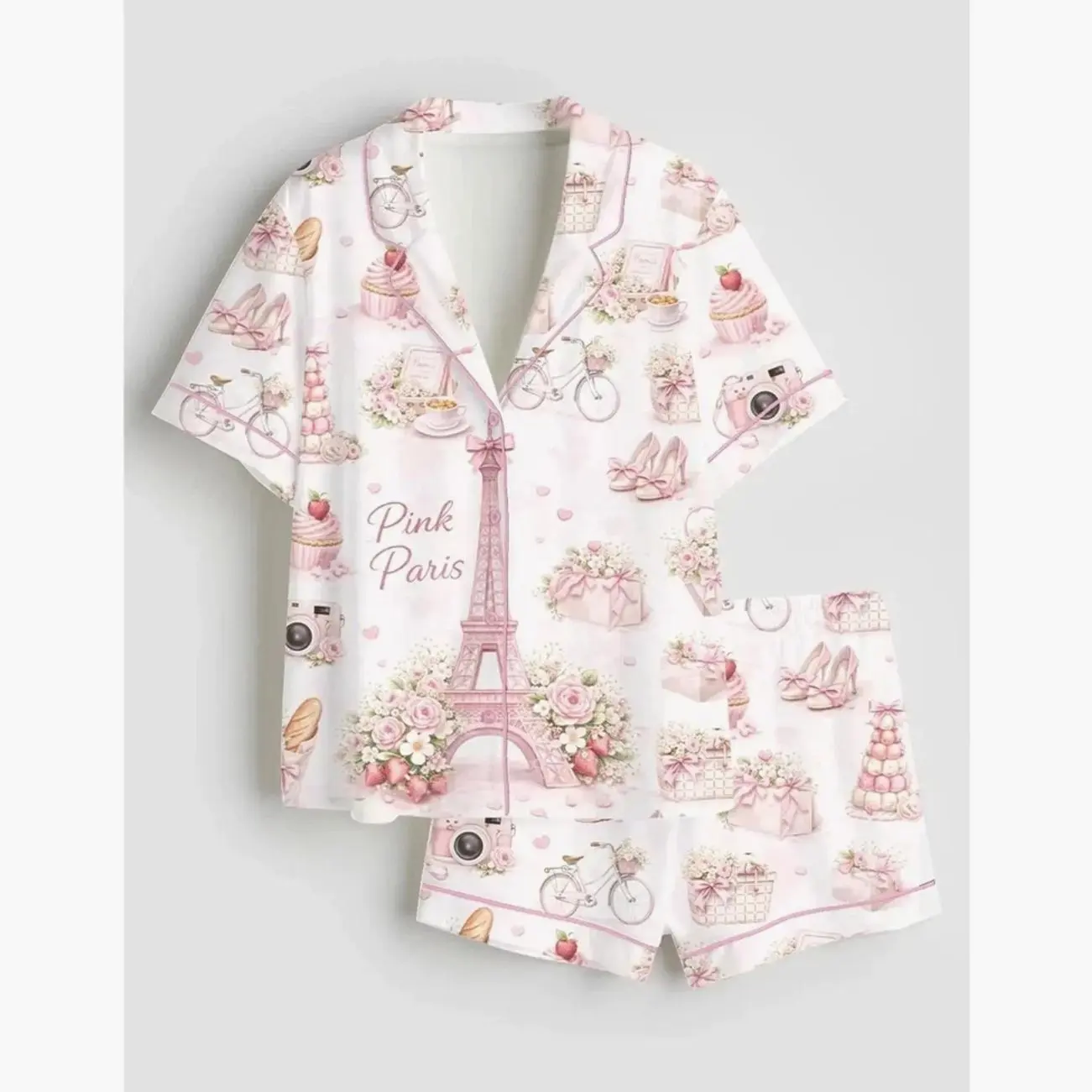 Pink Paris Watercolor Satin Pjs, Eiffel Tower French Cafe Loungewear, Strawberry