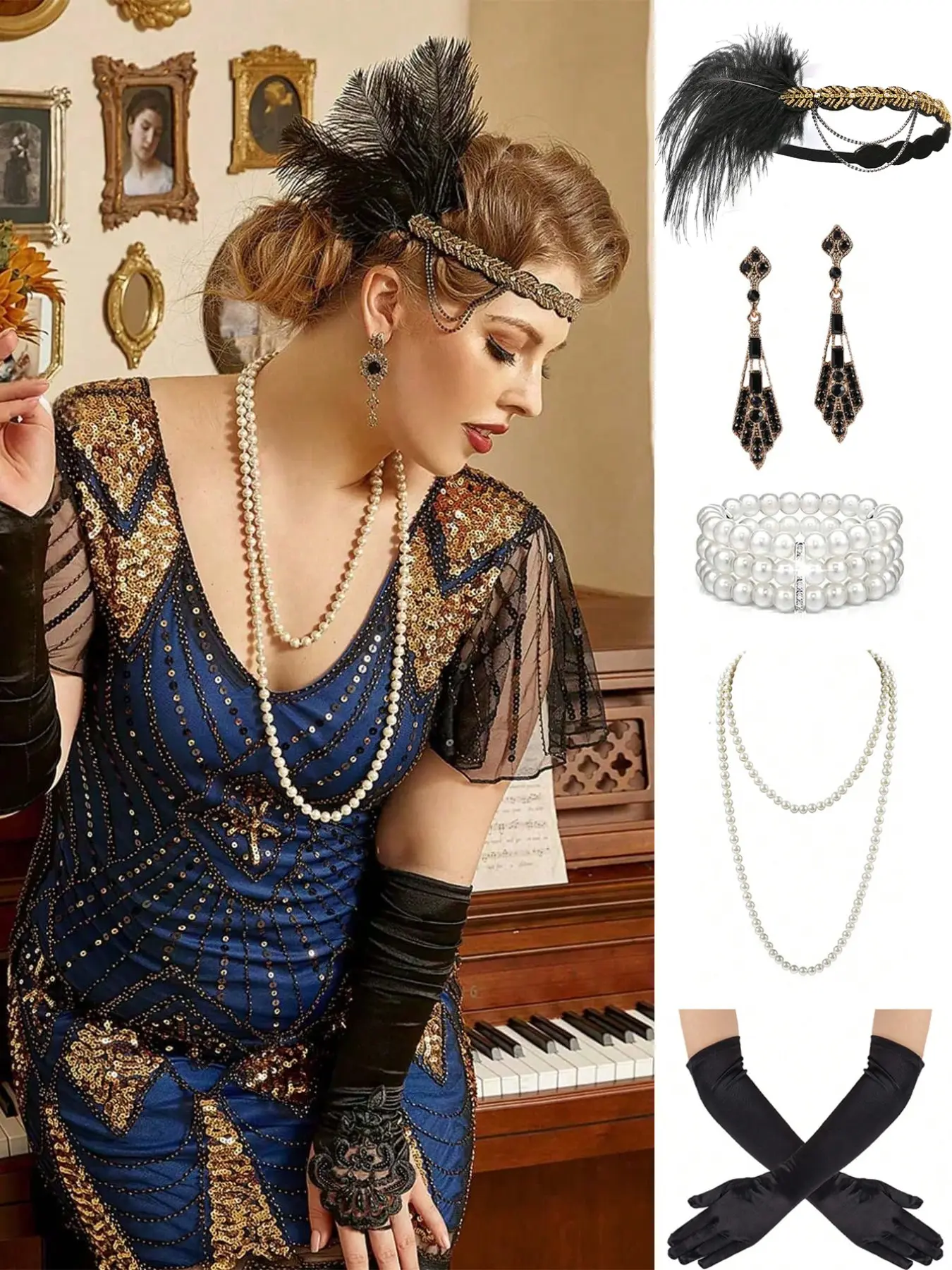 5pcs 1920s Flapper Gatsby Costume Accessories Set 20s Artificial Flapper Feather Headband Vintage Pearl Necklace Gloves Rhinestone Earrings Party Headpiece for Women Print