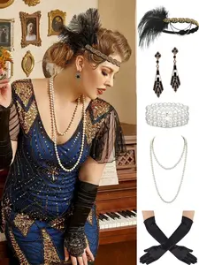 5pcs 1920s Flapper Gatsby Costume Accessories Set 20s Artificial Flapper Feather Headband Vintage Pearl Necklace Gloves Rhinestone Earrings Party Headpiece for Women Print