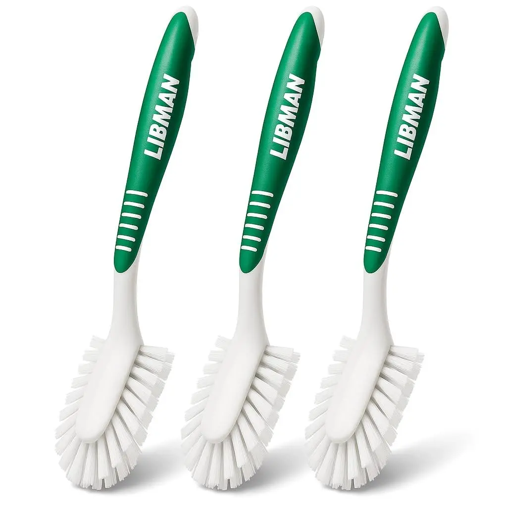 Libman Long-Handle Kitchen Scrub Brush Set - 3-Pack All-Purpose Cleaning Brushes for Dishes, Sinks, Pots and Pans, Comfortable