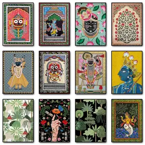 Indian Folk Diwali Pichwai Lotus Hindu Wall Art Canvas Painting Nordic Posters and Prints Wall Pictures for Living Room Decor Ornaments Decoration