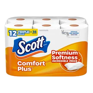 Scott ComfortPlus Toilet Paper, 12 Triple Rolls, 231 Sheets per Roll, Septic-Safe, 1-Ply Toilet Tissue