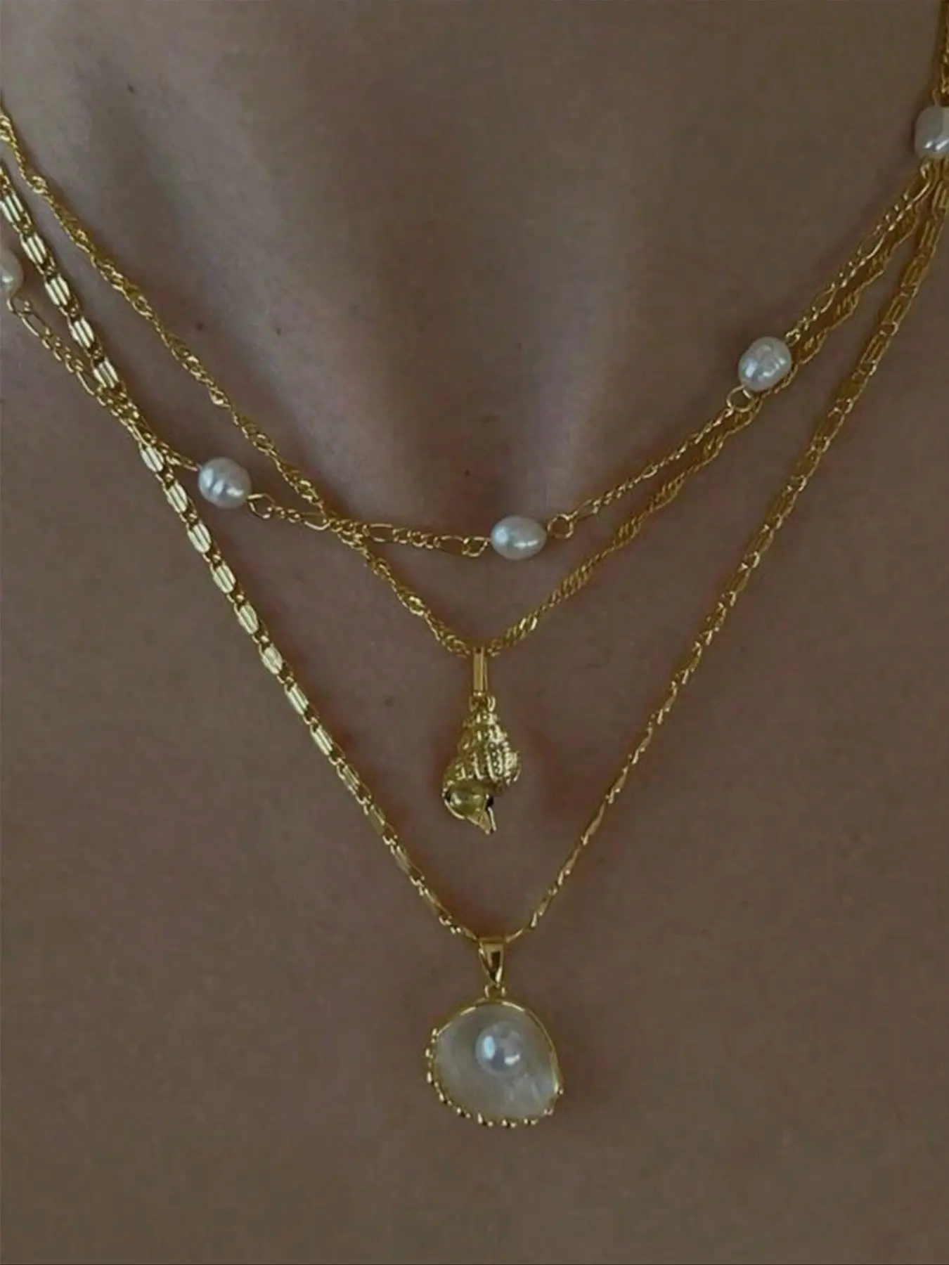 Boho Shell & Conch Pendant Necklace Set, 3 Piece Alloy Jewelry, Elegant Plain Design, All Seasons Accessory, No Choking Hazard, Fashion Necklace
