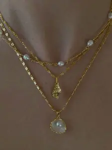 Boho Shell & Conch Pendant Necklace Set, 3 Piece Alloy Jewelry, Elegant Plain Design, All Seasons Accessory, No Choking Hazard, Fashion Necklace