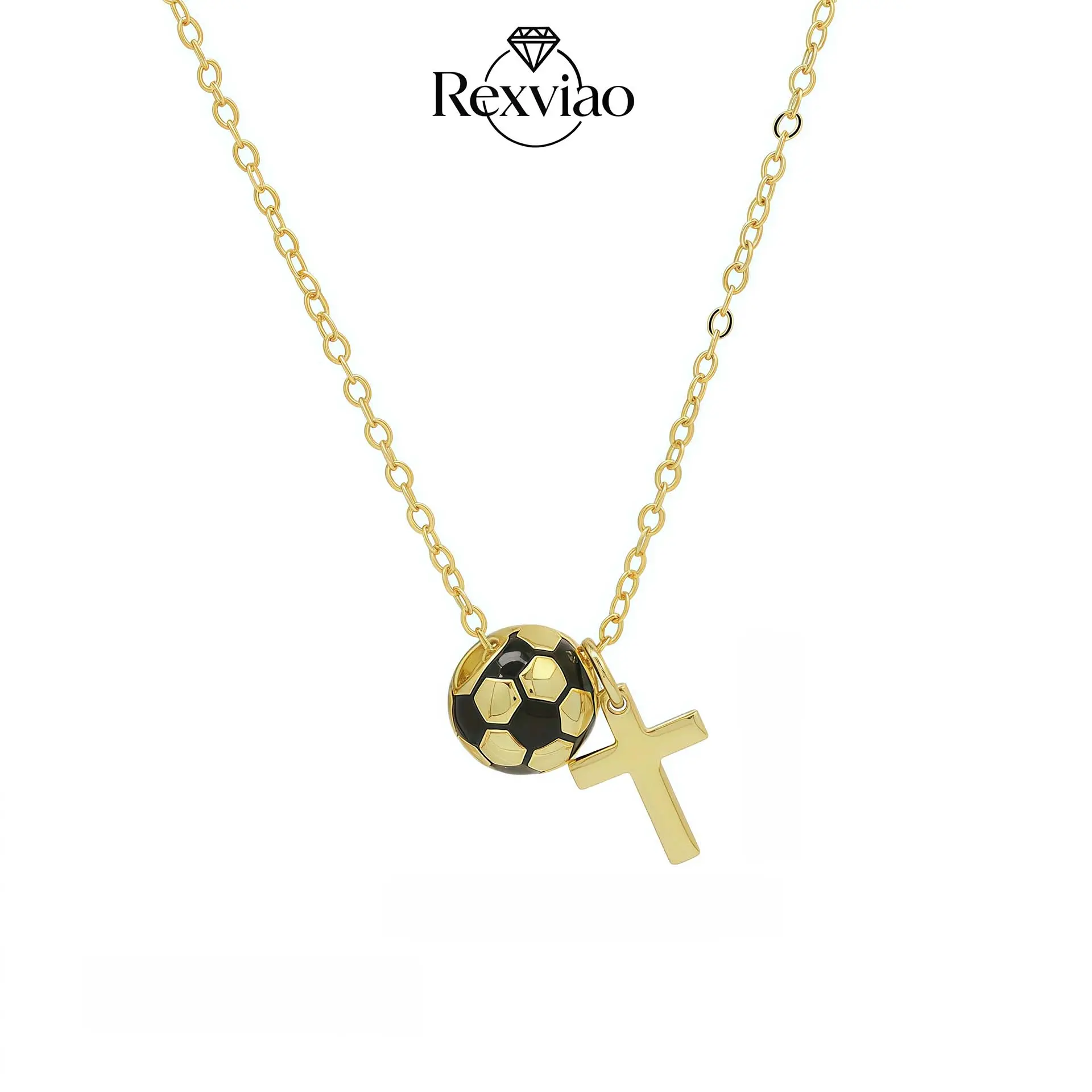 Rexviao Unisex Stylish Soccer Cross Pendant Necklace - Metallic Finish Long Chain (18+2 in), Gold Cross Design Necklaces for Daily Wear, Ideal for Club Gatherings