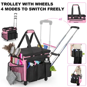 Large Rolling Cleaning Caddy Bag with Detachable Trolley, Waterproof Cleaning Caddy on Wheels for Housekeepers, Cleaning Cart Supplies Organizer for Home,Car,Office,Picnic (Pink)
