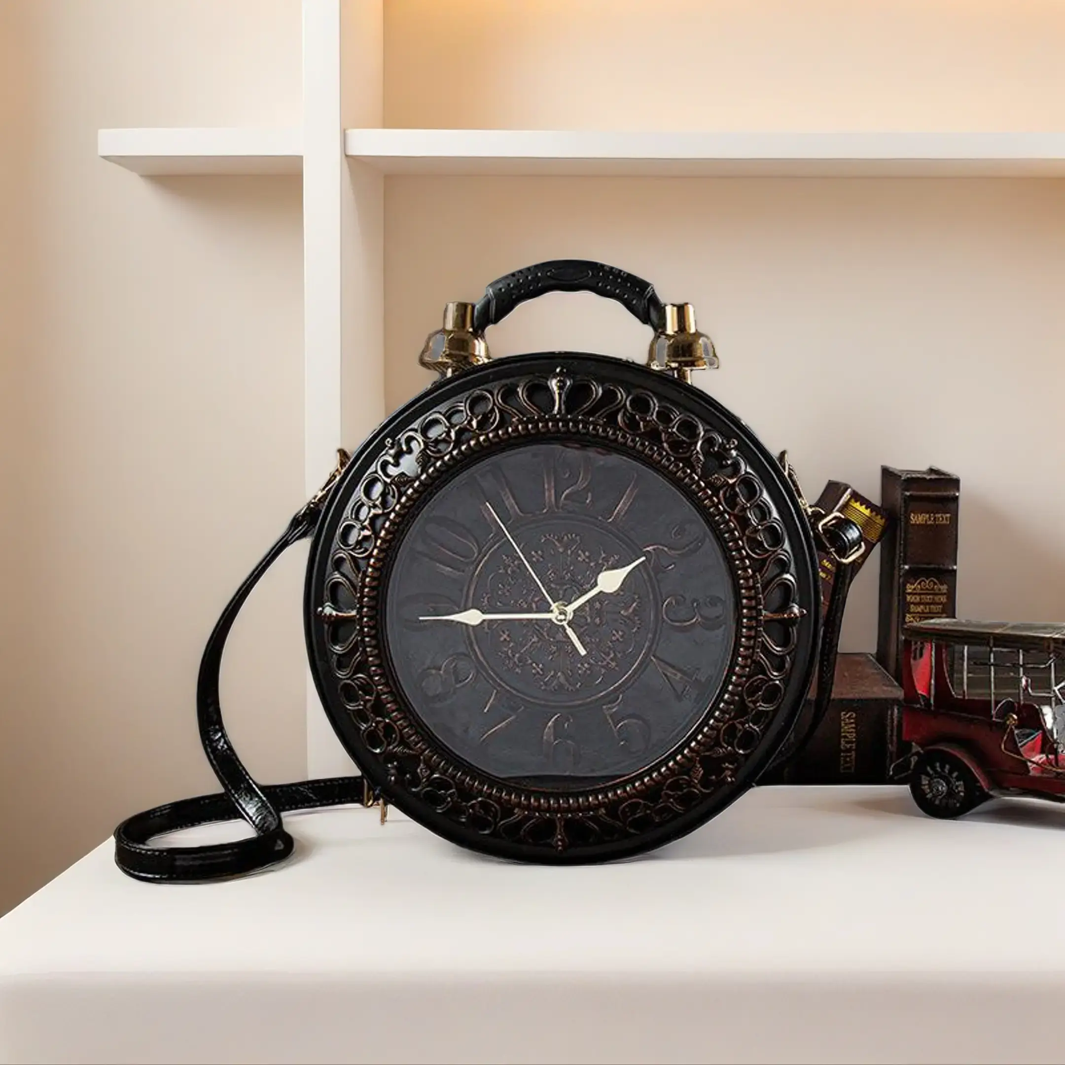Women's Vintage Bell-Shaped PU Leather Crossbody Handbag with Functional Clock, Casual Fashion Bag, Handbags for Women, Crossbody Shoulder Handbag