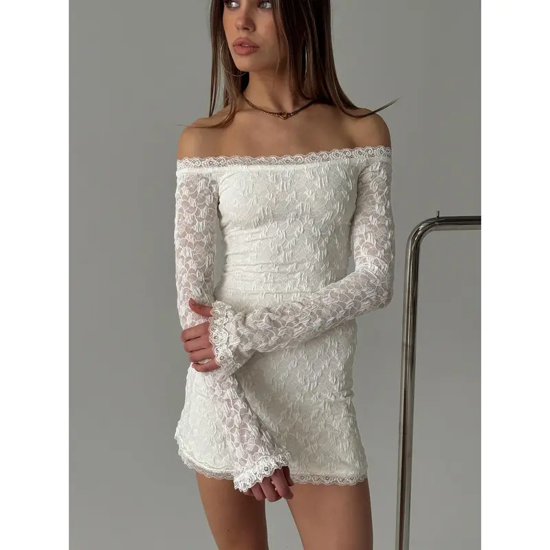 white long sleeve plunge dress White Puff Sleeves Plunge Neck Long Wedding Dress – Modsele