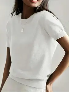 Women's Solid Color Round Neck Short Sleeve Sweater Pullover, Knitted Casual Top Knitwear, Spring & Fall Fashion, Slim Fit, Lightweight Daily Wear Womenswear