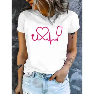 Women's Casual Nurse-Themed T-Shirt with Heart and Stethoscope Print, Soft Polyester Blend, Machine Washable - Perfect for Medical Professionals