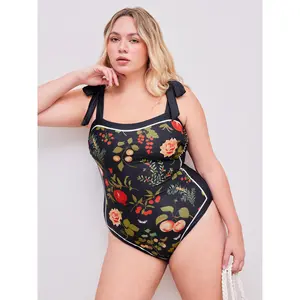 Cider Shaping Square Neck Fruit & Floral Contrasting Binding Knotted One Piece Swimsuit Curve & Plus