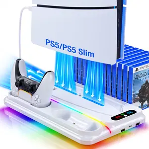 PS5/PS5 Slim Stand Charging Cooling Station with 3-Level Fan, Dual Controller Charger, LED Lights, Headset Holder, USB Hubs, Compatible with PS5 Disc/Digital Edition Console, PlayStation 5 Accessories, Smartphone