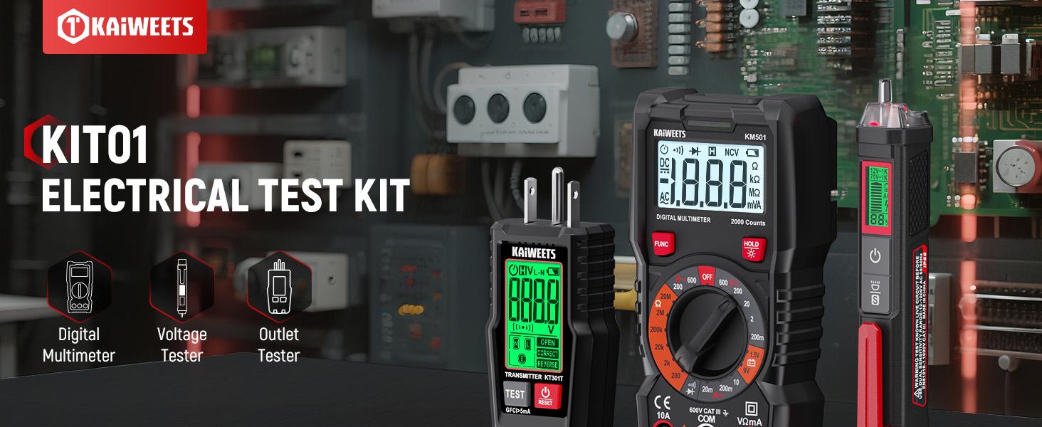 【FathersDayGift】KAIWEETS Electrical Test Kit KIT01, Digital Multimeter, Smart Non-Contact Voltage Tester & GFCI Outlet Tester with LCD, Complete Set with Carrying Case & Batteries for Electrician, DIY & HVAC