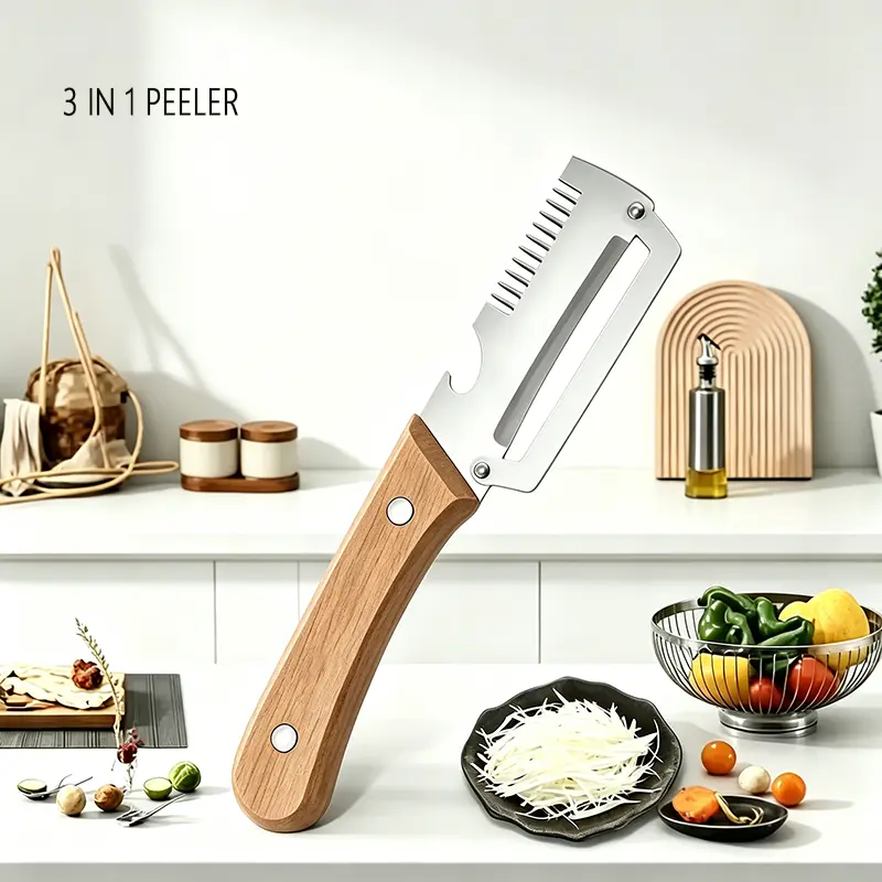 3 in 1 Multi-Functional Kitchen Peeler – Ultra-Sharp Stainless Steel Vegetable and Fruit Peeler with Wooden Handle, Bottle Opener, and Julienne/Shred Cutter, Durable Kitchen Gadget