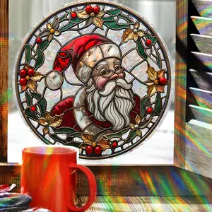 Colorful Glass Style Santa Static Cling Sticker, Sun Catcher Decal for Living Room Window Decoration, Christmas Home Decor Accessory