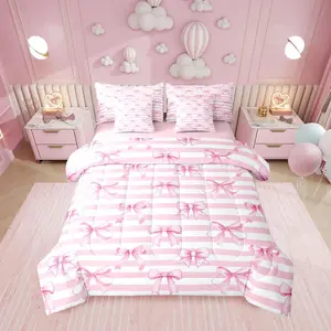 Feelyou 7-Piece Girly Bedding Set - Blush Pink Bowknot Stripe, Dreamy White Geometric Comforter, Ribbon Accents, Sheets Included, for Teens, Ideal for Girly Bedroom & Room Decor