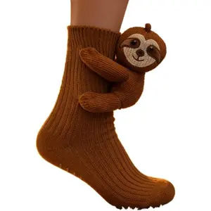 3D Knit Animal Socks with Glue Dot Design Sloth Plush Crocheted Anti-Slip Floor Sock,New Year Christmas