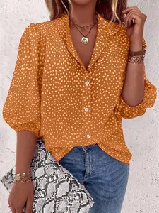 Polka Dot Floral Turn-Down Collar Shirt, Three Quarter Bubble Sleeve Button Front, Casual Daily Wear, Vintage Hong Kong Style