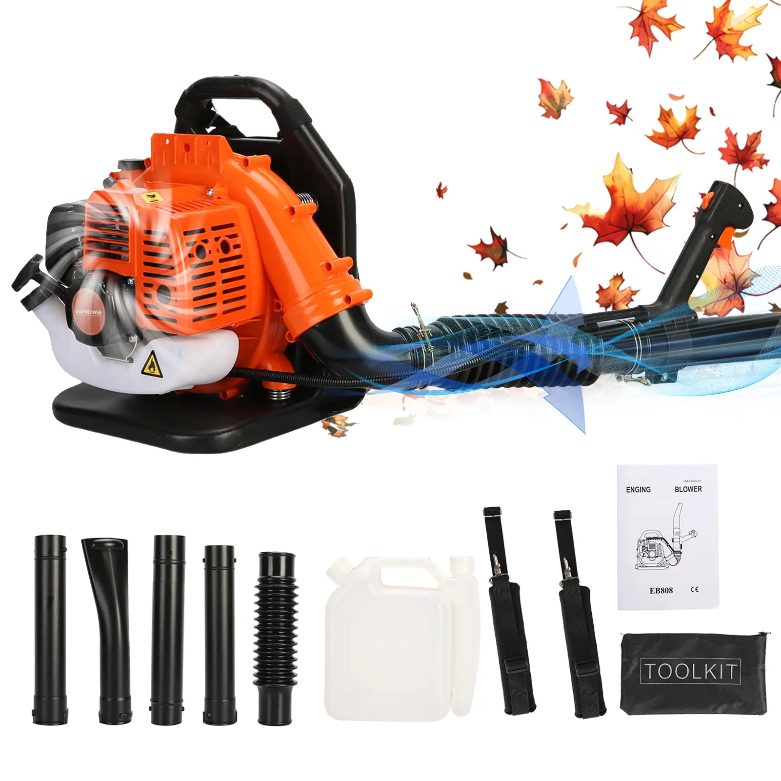 52cc Gas Powered Portable Backpack Leaf Blower, High Speed with 550 CFM High Airflow, Low-Vibration Harness, Ergonomic Design for Lawn Care Leaf & Debris Clearing, Portable Leaf Blower