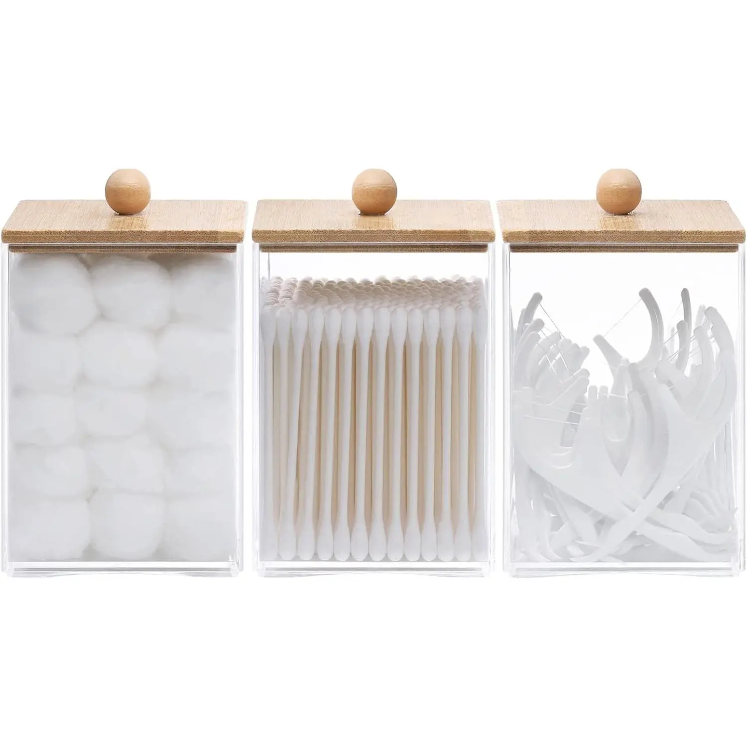 3 Pack Square Qtip Holder - 12 oz Bathroom Organizers and Storage Containers, Plastic Apothecary Jars with Bamboo Lids for Cotton Ball, Cotton Swab, Floss