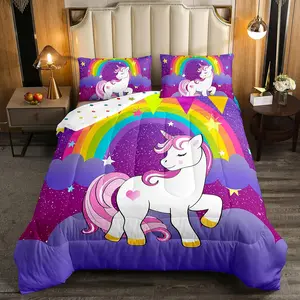 Girls Unicorn Comforter Set,Cute Rainbow Unicorn Print Down Comforter,Kids Cartoon Kawaii Duvet Insert Galaxy Stars Fantasy Reversible Purple Soft Bed Blanket Bedroom Decor