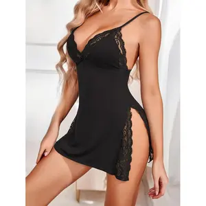 Women's Chemise Nightgown Lingerie – Soft, Breathable Loungewear with Adjustable Straps, Side Slits, Stretchy Comfortable Sleepwear, Sexy & Elegant Pajama Dress for Home, Bedroom & Romantic Nights