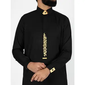 Men's Black Long Sleeve Arabian Kaftan with Golden Floral Pattern - Casual Middle Eastern Traditional Cultural Attire, Polyester Blend, Loose Fit, Perfect for Eid al-Fitr and Gul Festivals, Gift for Eld, Gift for Ramadan