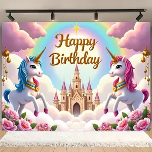 Unicorn Pattern Birthday Party Banner, Photo Props Background Cloth, Indoor & Outdoor Decoration, Cake Background Decoration, Ornaments