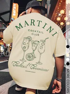 Men's Regular Fit Martini Graphic Print Round Neck Tee, Casual Short Sleeve Crew Neck T-shirt for Daily Wear, Men's Top for Summer, Tropical, Streetwear, Fitted