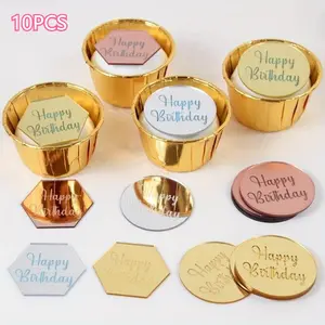 10pcs Happy Birthday Cake Toppers Gold Gold Acrylic Round Cupcake Toppers For Kids Birthday Baby Shower Party Cake Decor Tools Cake Decorating Supplies