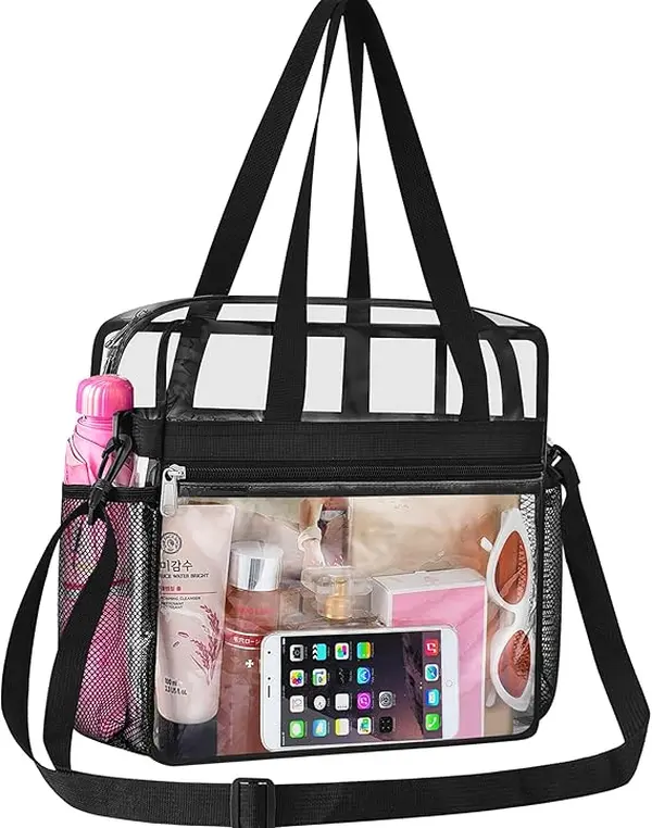 Transparent stadium tote bag; transparent PVC shoulder bag with adjustable straps; transparent crossbody bag suitable for concerts, sporting events, travel, and everyday use; a must-have for college students heading back to school