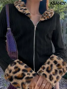 Ladies' leopard print fur collar & cuffs zipper fitted jacket coat Outerwear