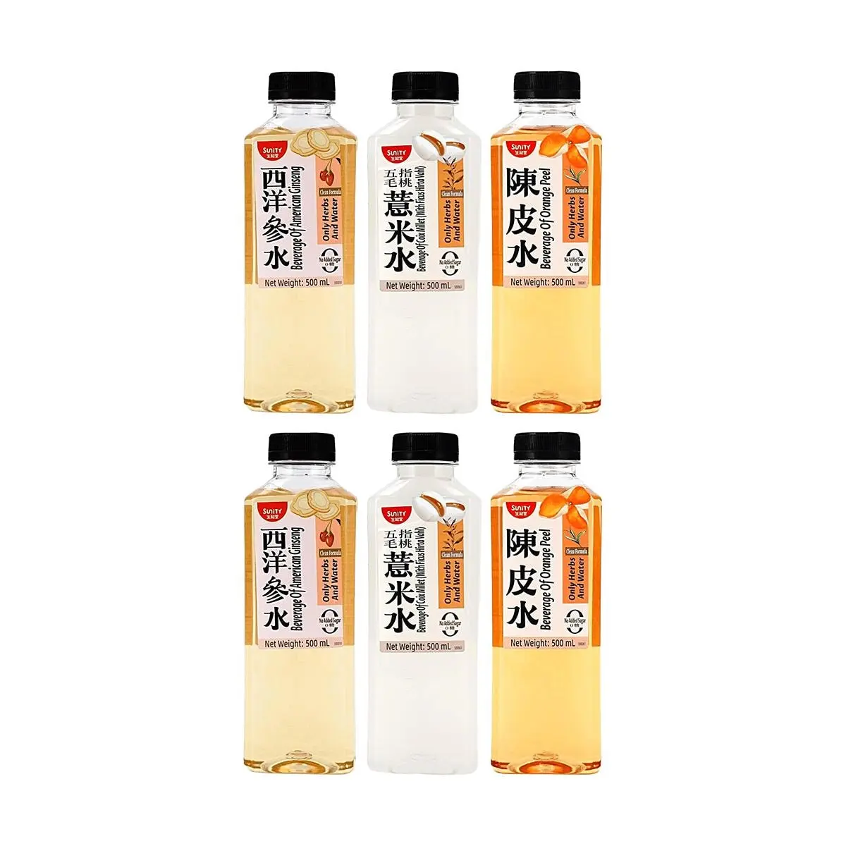 SUNITY 5-Finger Peach, Job's Tears & Ginseng Herbal Drink - 6x500ml Variety Pack, 0 Sugar 0 Calorie 0 Fat