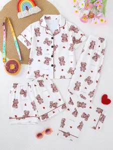 3-Piece Casual Cartoon Teddy Bear Print Kids Pajama Set, Button-Front Short Sleeve Cardigan & Shorts Pants, Pajama Lounge Sets, All-Season Wear for Boys Girls