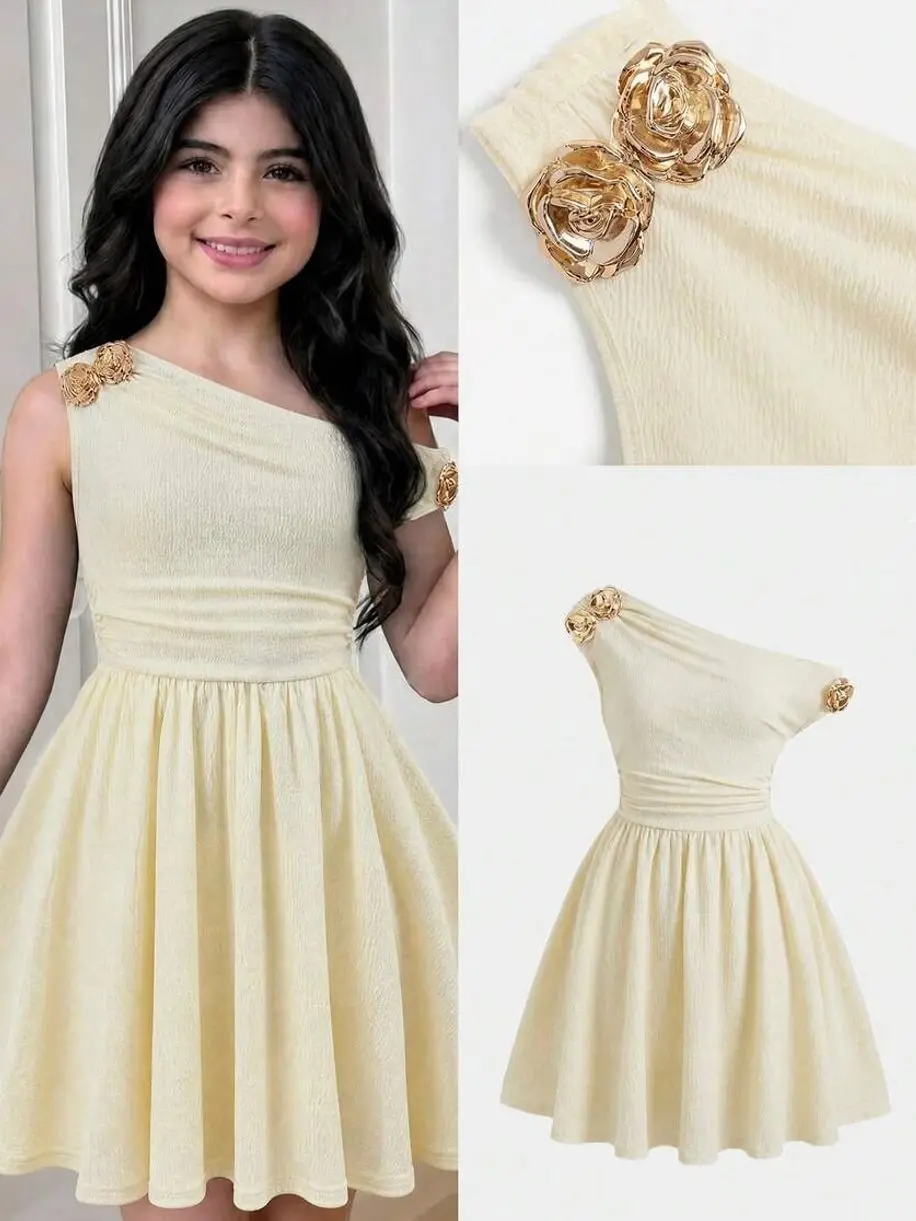 Tween Girl Metallic Rose Dress - Asymmetrical Shoulder, Ruched, Party Princess Wedding Wear