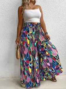 Plus Size Patterned Paper Bag Waist Wide Leg Pants, Womenswear, Drawstring Adjustable Straight Leg, Elegant Chic Style, All Seasons Wear, Micro Stretch Comfort