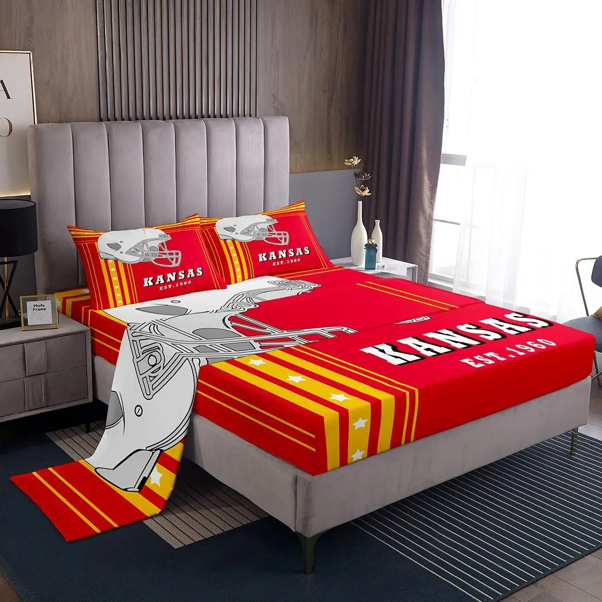 Feelyou Boys' Sports Rugby Bedding Set - Red,Yellow,White Stripes Fitted Sheet with Deep Pocket Fit, Multi-Size, Reactive Dye (Kansas)