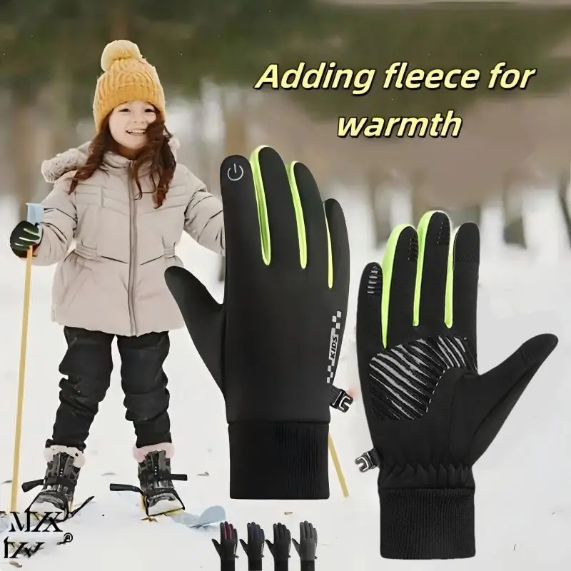 Child Warm Gloves, Winter Fleece Touch Screen Ski Gloves, Five Finger Design, Ideal for Outdoor Activities, Ages 5-14