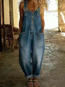 European and American best-selling street fashion retro wide-leg suspender women's sleeveless pocket denim jumpsuit
