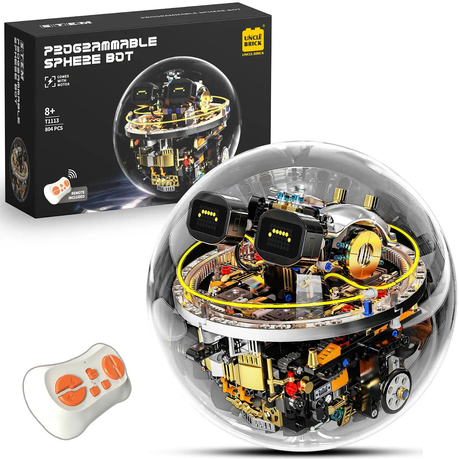 Transparent Spherical Building Block Model Kit - DIY Programmable RC Robot, STEM Fun Educational Toy with LED Expression, Cyberpunk Lights, Display, Perfect Gift for Kids (8-13 Years) for Birthdays/Holidays
