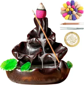 Cute Ceramic Backflow Incense Holder Waterfall Incense Burner with 48 Incense Cones and 30 Incense Stick, Incense Fountain for Home Decor, Desk Decor (Brown)