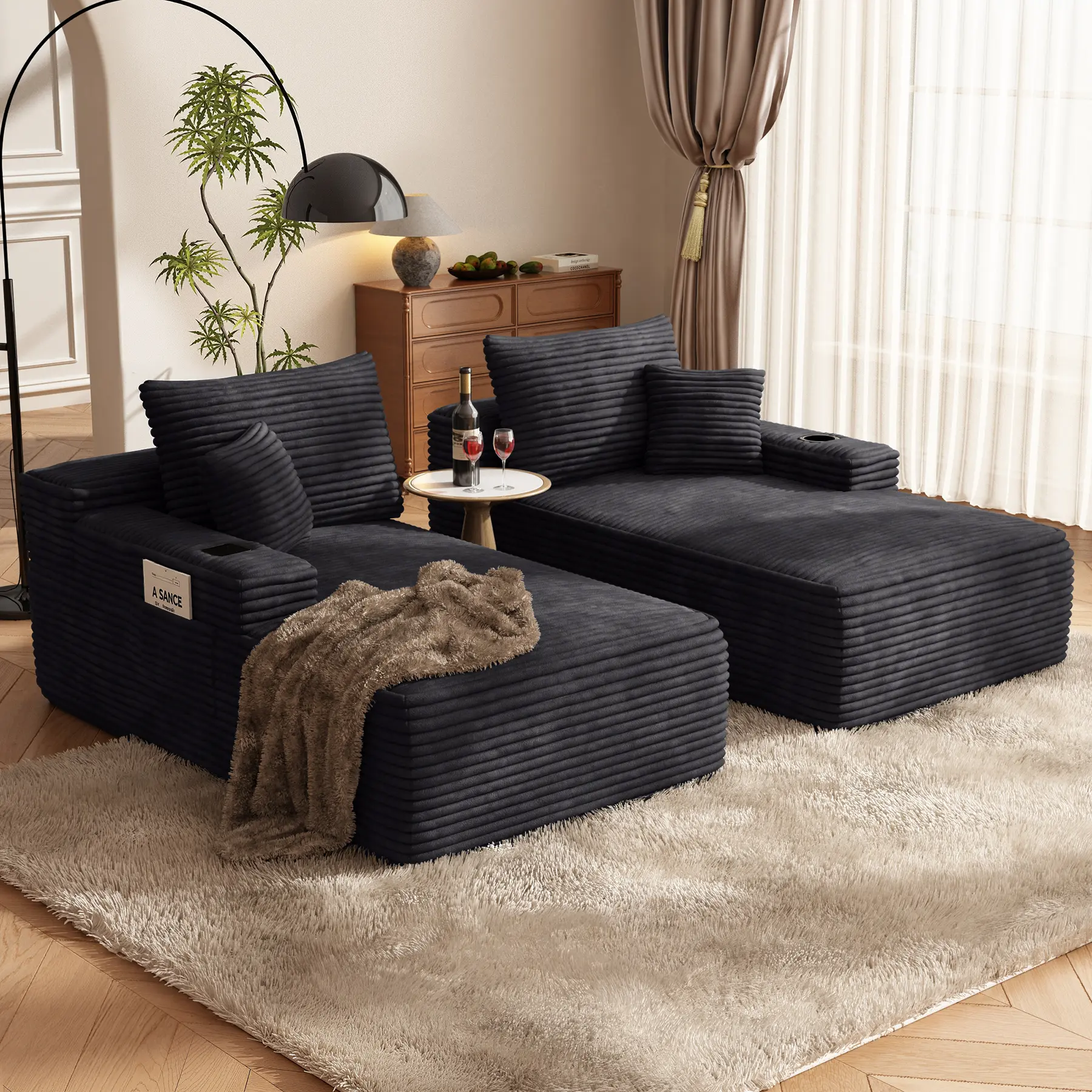 Oversized Double Chaise Lounge​ 69 Inch Plush Fabric Couch for Living Room,Cloud Couch with Storage Pockets & Cup Holders，L Shaped Sectional Sofa with Chaise, No Assembly Required, Boneless Sofa Bed,  Apartment, xxl room bed sofa