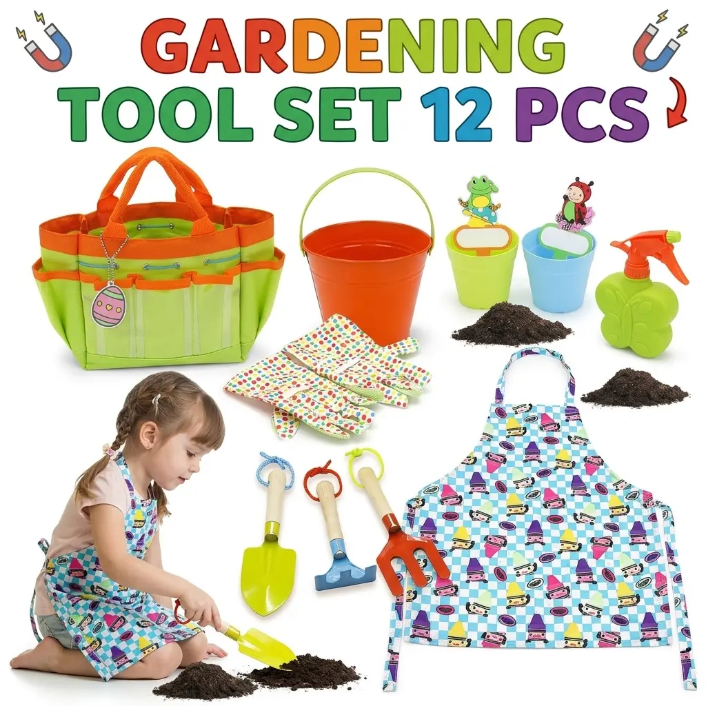 EFFUN 7PCS Unisex Kids' Gardening Tool Set - Shovel, Rake, Trowel, Watering Can, Apron, Gloves, Tote Bag - Portable Montessori Outdoor Learning Toy, Safe & Kid-Friendly Perfect Gift