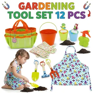 EFFUN 7PCS Kids Gardening Tool Set - Shovel, Rake, Trowel, Watering Can, Apron, Gloves, Tote Bag - Portable Montessori Outdoor Toy, Outdoor Kids Stuff - Safe Gardening Kit Gift