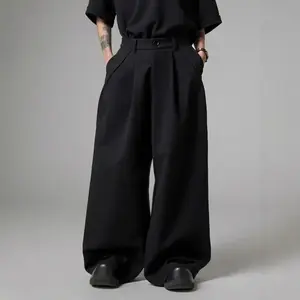 Men's Baggy Wide Leg Pants Zipper Fly Pleated Work Casual Long Trousers with Pocket