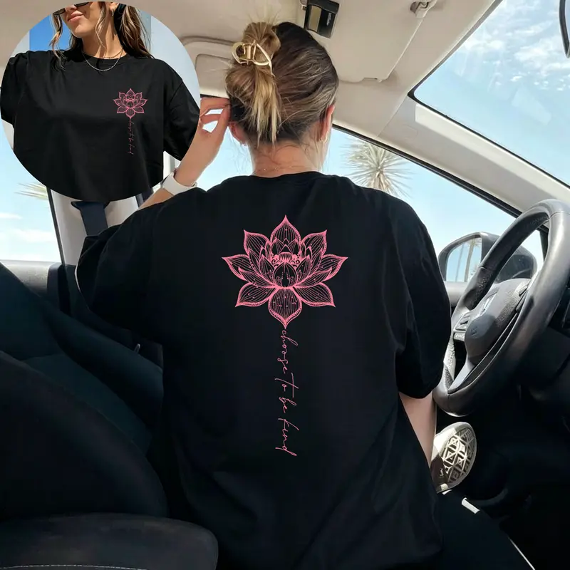 Lady's Cotton Graphic Top - Short-Sleeve Round Neck, Smooth Seamless Solid Boho Lotus Mandala, "Choose To Be Kind" Print, Soft Boho Fabric, Lightweight Foldable All-Seasons Basic Casual Yoga Gift, Women's T-Shirt Clothing